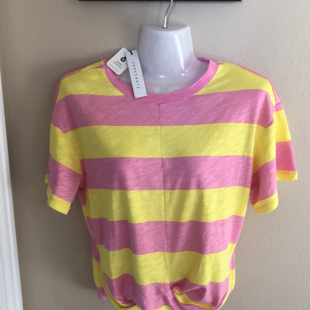 Sanctuary Twist of Fate Striped Tee Lemoncello/Pink Stripe Cropped size M
